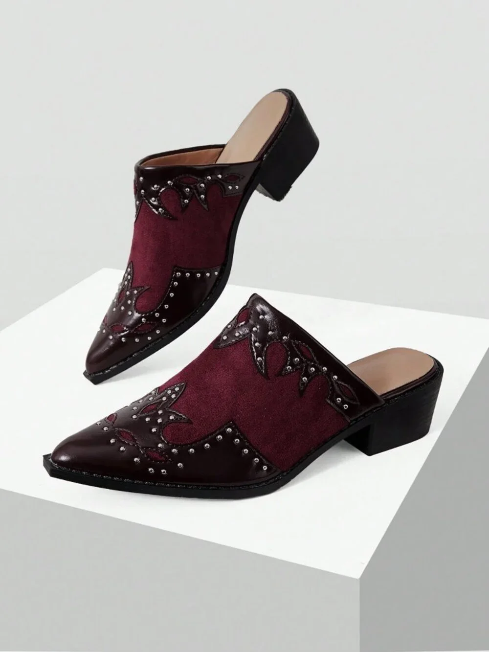 Burgundy Casual Women's Textured Patchwork Mule Chunky Heel Slip-On Shoes